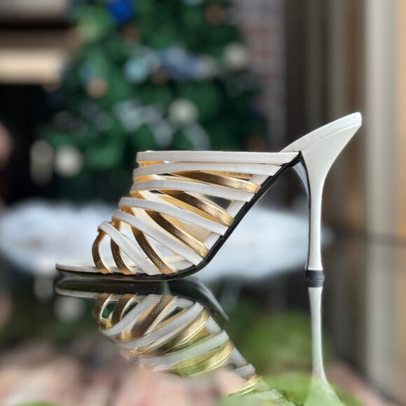 VALENTINO Caged White Gold Calfskin Strappy Heels SZ36(6US) - Picture 1 of 7